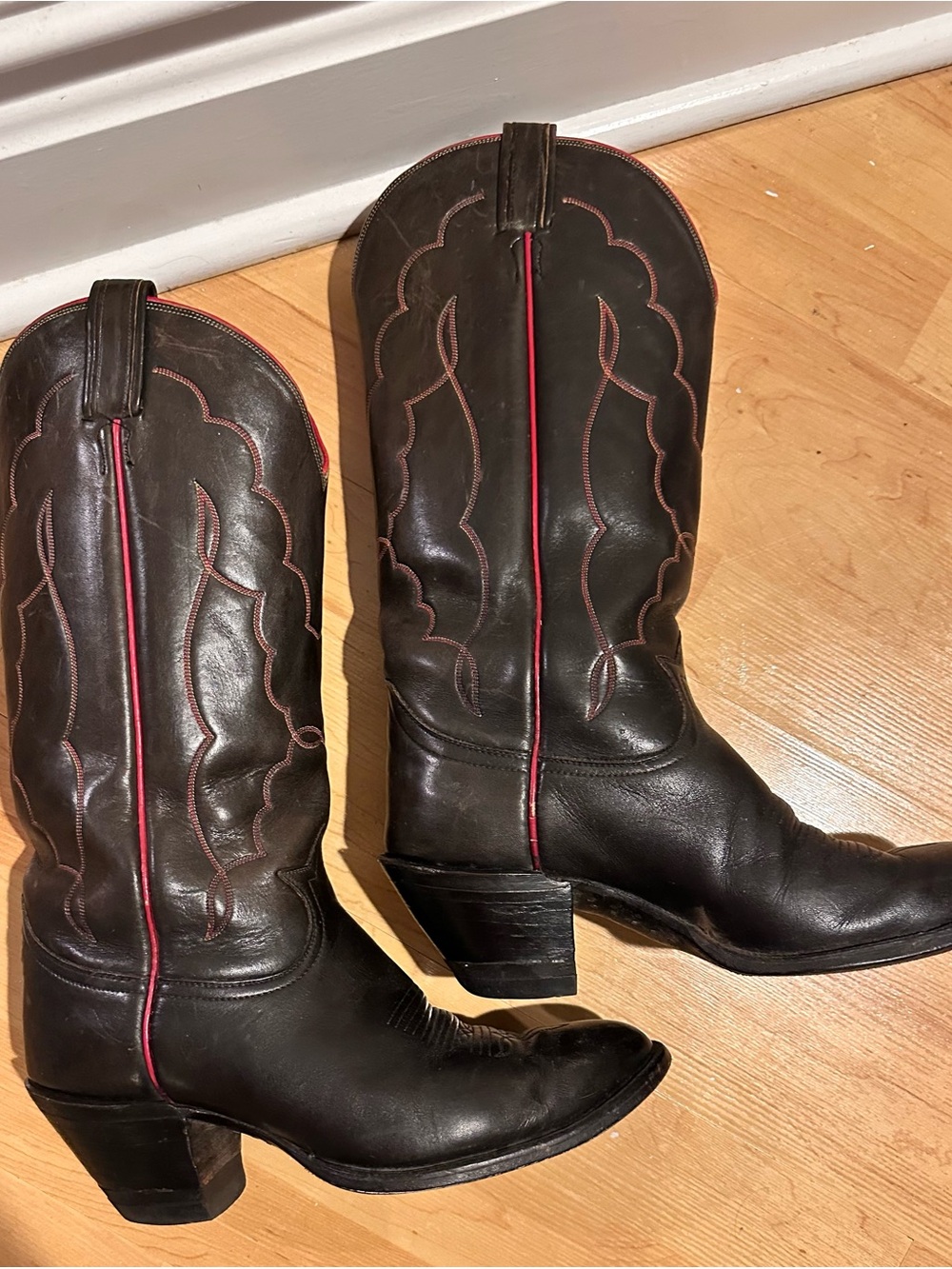 Tony Lama Black Leather Cowboy Boots with Red Piping